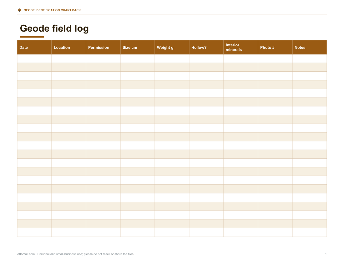 Preview of the first page of Field log (Excel)